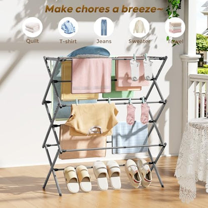 KINGBOARD 3-Tier Extendable Clothes Drying Rack, Small & Foldable, Grey | 37.4"H x 33.8"W x 11.2"D, Space-Saving Collapsible, Easy Assembly, Rust-Resistant Iron Frame, Indoor Outdoor Use, 25lb - color: Gray