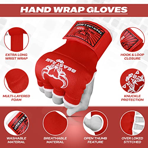 BEAST RAGE Inner Gloves with Hand Wraps Quick Wrap Long 36" Wrist Support MMA Muay Thai Bandages Punching Martial Arts Training Men Women Kickboxing Bandages Under Bag Gloves - color: Red Rage, size: M (Adult)