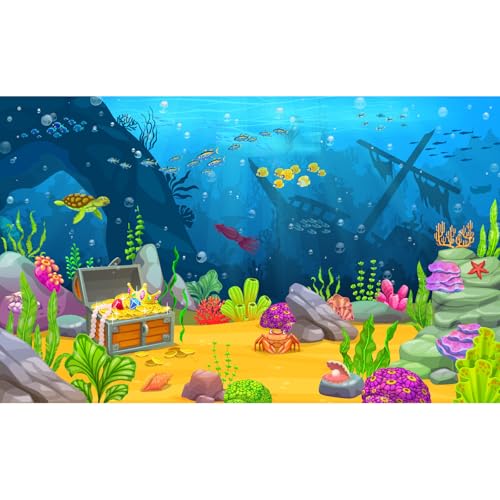 Underwater Landscape Aquarium Background Caribbean Sea Ocean Coral Reef with Sunken Boat Terrarium Background Under The Sea Landscape Sunken Ship Treasure Chest Fish Tank Backdrop Vinyl 24x16in - color: Undersea Glod, size: 24(W)x16(H)in
