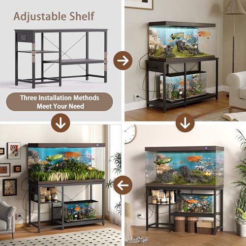 55-75 Gallon Fish Tank Stand with Power Outlet & LED Light, Metal Aquarium Stand with 3 Tier Adjustable Storage Shelves, for Reptile & Turtle Tank, 52" L*19.5" W, Black