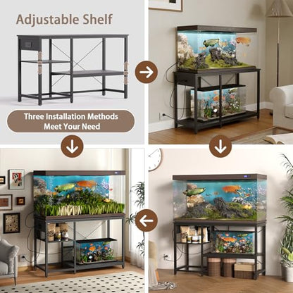 55-75 Gallon Fish Tank Stand with Power Outlet & LED Light, Metal Aquarium Stand with 3 Tier Adjustable Storage Shelves, for Reptile & Turtle Tank, 52" L*19.5" W, Black