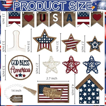 18 Pcs 4th of July Tiered Tray Decor Set - Patriotic Wooden Signs with Rustic Farmhouse Stars, Red White Blue Centerpieces for Independence Day Table & Mantel Decor(No Tray) - size: 7.1"