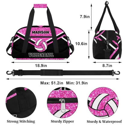 Personalized Volleyball Sports Bag, Bright Pink Glittering with Black | Custom Sport Duffel Bag Large Compartment Cheerleaders Dance Bag Weekender Bags Travel Bag - color: Hot Pink