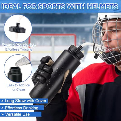 8 Pack Hockey Water Bottles 1 Liter Easy Squeeze Plastic 34 oz Sports Water Bottles with Long Straws for Hockey, Lacrosse, Football, Soccer, Baseball, Gym Sports Helmets (Black) - color: Black