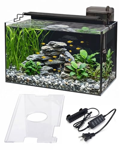 Glass Fish Tank Kit, 10 Gallon Betta Fish Tank Aquarium Starter Kit with Filter, Lights, Lid, for Betta, Goldfish, Small Fish or shrimg