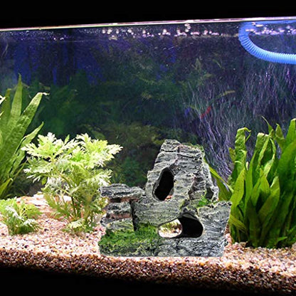 Aquarium Rock Cave, Large Resin Cave Decoration for Fish Tank, Mountain View Artificial Rock with Moss and Trees for Betta Cichlid Fish Shrimp to Hide Rest Breed, Decor