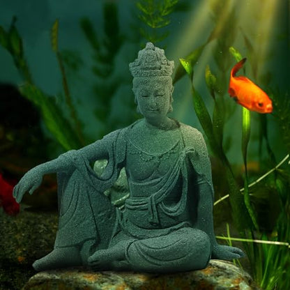 Fish Tank Buddha Statue Ornament,Zen Garden Aquarium Decor Kit with Artificial Plants,Meditating Statues for Underwater Landscaping,Sandstone-4.5" H