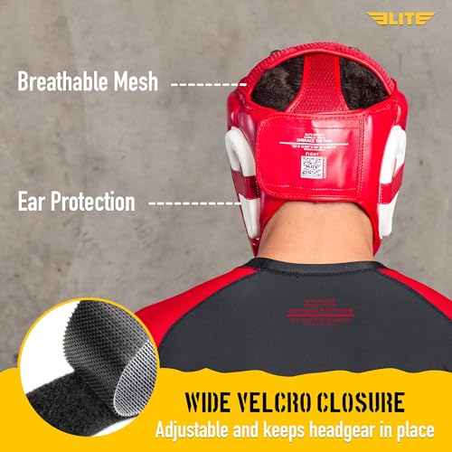 Elite Sports Boxing Headgear Men, Boxing Head Guard Sparring Gear, MMA Headgear Kickboxing Muay Thai Training Helmet, Protective Fighting Gear, Adjustable Face Protection - color: Red