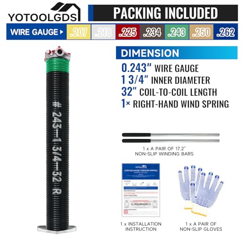 Right Hand Wind（Red Cone）1.75" Garage Door Torsion Spring with Non-Slip Winding Bars & Gloves, Precision Electrophoresis Black Coated, for Replacement, MIN 16,000 Cycles (0.243x1.75''x32'') - size: 0.243X1.75"X32"-R