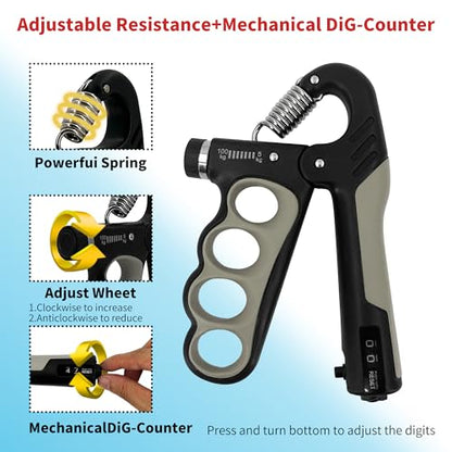 Senston Grip Strength Trainer 2 Pack, Adjustable 11-220lbs with Counter | 2-Pack Set / 11-220 lbs Adjustable / Auto Rep Counter / Four-Finger Design / Non-Slip Grip - color: Grey