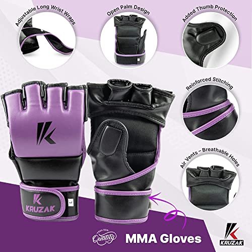 Kruzak MMA Gloves, Half-Finger Boxing Mitts with Hand Wraps - color: Purple, size: Small-Medium