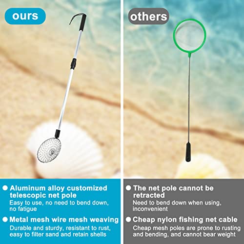 3 Pack Sand Sifter Tools - Beach Scoop for Beachcombing Shell & Rock，Shark Tooth Sifter Collect Seashell Hunting Rocks Sifting, 32.6” Long Adjustable Telescoping Shovel with 4.1” Sieve Basket