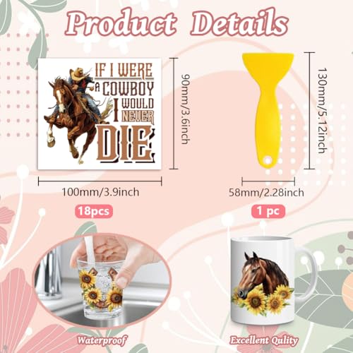 Peacoblue 18 Sheets Rub on Transfers for Crafts, Western Cowboy and Sunflowers 3.6"x3.9" UV DTF Cup Wraps Waterproof Rub on Cold Transfers Stickers for Wood Glass Metal Cup Tumblers Mirror Mugs Decor - style: Western Cowboy and sunflowers