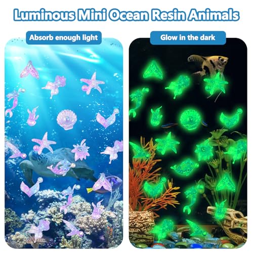 50 PCS Mini Resin Glowing Sea Creatures Set, Dreamy Blue Resin Marine Decor, Tiny Dolphin/Seahorse/Shell Figures for Aquarium & Mini Landscapes, Glow-in-Dark Ocean Decor