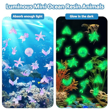 50 PCS Mini Resin Glowing Sea Creatures Set, Dreamy Blue Resin Marine Decor, Tiny Dolphin/Seahorse/Shell Figures for Aquarium & Mini Landscapes, Glow-in-Dark Ocean Decor