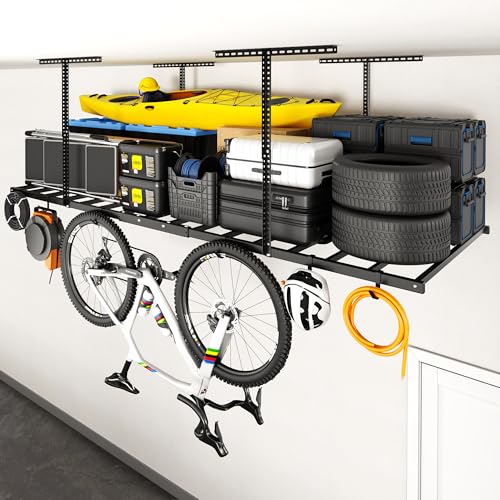 FLEXIMOUNTS 4x8 Overhead Garage Ceiling Storage Rack with 6 Hooks, Black | 750lbs Capacity, 22.6"–39.4" Adjustable Dropdown, Heavy-Duty Metal Ceiling Racks, Storage Organization System, Lite Series - color: Black