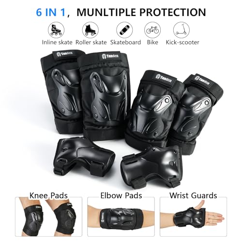 Tanden Skating Protective Gear Knee and Elbow Pads Wrist Guards for Roller Skating Skateboarding, Skate Pads Adult Knee Pads - color: Black, size: Youth (9-15 years)