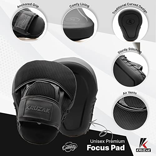 Kruzak Unisex Matte Black Boxing Gloves, Focus Mitts and Head Gear Set for Kickboxing and Muay Thai MMA Training | Fitness Kit for Martial Arts and Karate - size: S/M - Headgear
