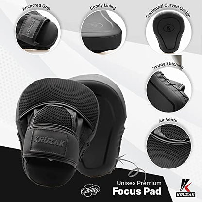 Kruzak Unisex Matte Black Boxing Gloves, Focus Mitts and Head Gear Set for Kickboxing and Muay Thai MMA Training | Fitness Kit for Martial Arts and Karate - size: S/M - Headgear