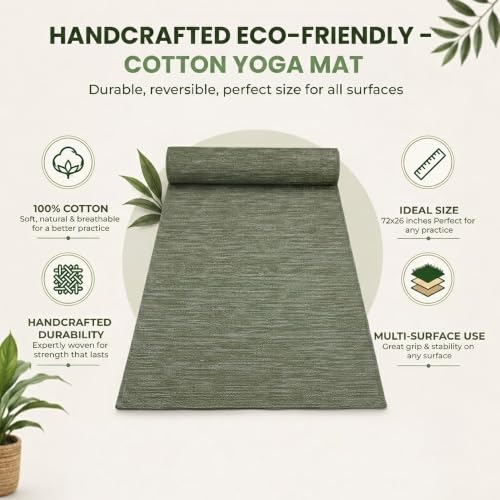 LFH Home Handmade Cotton Yoga Mat Cotton Rug picnic mat For Exercise, Workout, Fitness - Perfect Heavy Quality Eco Friendly Natural Cotton Woven Reversible Yoga Mats for Men & Women - 72x26 Inch. - color: Army Green