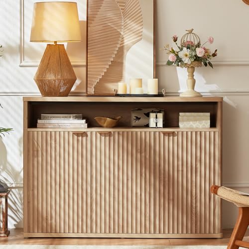 LEYAOYAO Buffet Cabinet with Storage, 45" Wide Fluted Accent Sideboard Credenza with 3 Doors & Open Storage Shelf, Modern Kitchen Wood Media Console Cabinet for Living Room, Entryway, Natural Oak - color: Natural Oak, size: 15.35"D x 45.30"W x 31.89"H（3 d