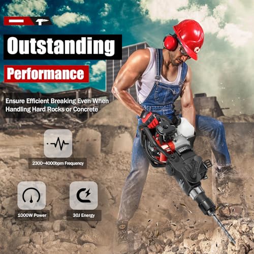33CC 2 Stroke Gas Powered Demolition Jack Hammer, 3-in-1 Gasoline Hammer Drilling Machine Breaker Punch Drill Chisels Heavy Duty Gasoline Concrete Breaker Rock Drill for Crushing, Chiseling