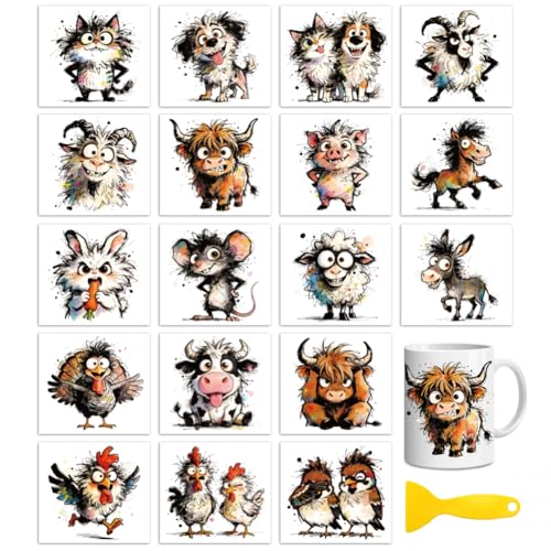 Peacoblue 18 Sheets Rub on Transfers for Crafts, Funny Farm Animals 3.6"x3.9" UV DTF Cup Wraps Waterproof Cold Transfers Stickers for Wood Glass Metal Cup Tumblers Mirrors Mugs Home Decor - style: Funny Farm Animals