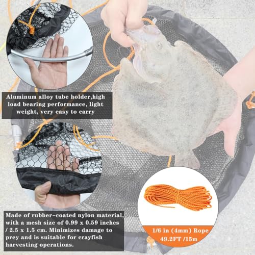 Large Collapsible Bridge Pier Fishing Net Landing Net with Rod, High Load Aluminum Ring Drop Net for Saltwater and Freshwater Pier Fishing Basket with 49.2 ft. Rope - color: Black, size: 23.6 x 23.6 x 27.5", style: 0.99*0.59 in Mesh
