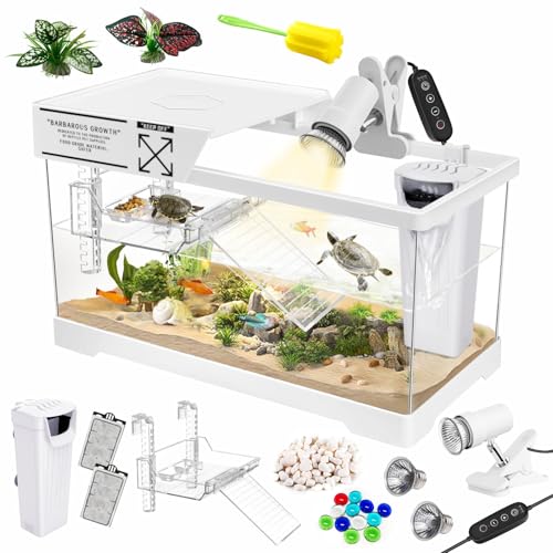 GOZILLA Aquatic Turtle Tank Kit+Lamp+Filter, Upgrade PC Turtle Tank Starter Kit with Adjustable Lamp & Filter,Reptile Habitat with Lid,Hanging Platform for Small Reptiles.(15.75×7.9×9''/White Kit) - color: Medium-White-KIT