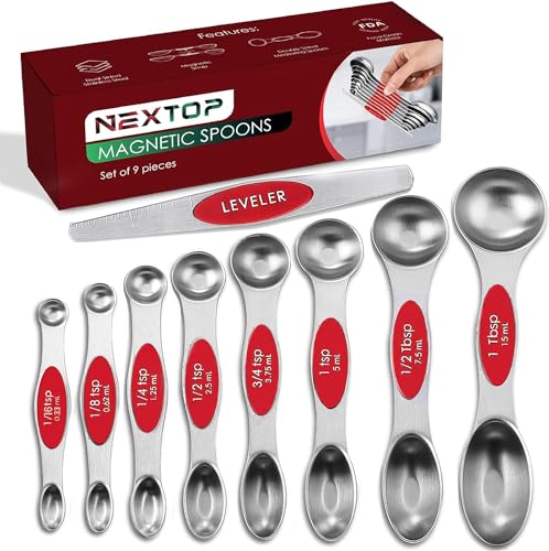 Magnetic Measuring Spoons Set of 9 Stainless Steel Dual-Sided Stackable Measuring Spoon Nesting Teaspoons Measuring Dry and Liquid Ingredients, Fits in Spice Jars Set of 9 (Red) - color: Red