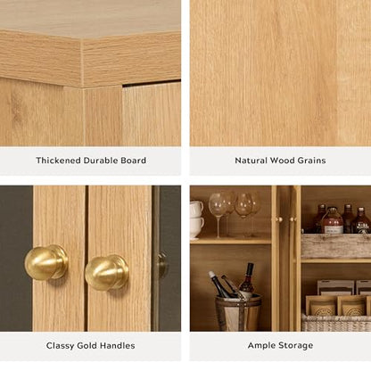 Storage Cabinet with 4 Doors, Arched Sideboard Buffet Cabinet with Adjustable Shelves, Accent Display Cabinet with Acrylic Door for Living Room, Entryway, Dining Room, Natural Oak