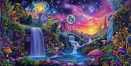 Aquarium Background with Galaxy Space Planet Design, Waterfall Landscape Tapestry Fantasy Mountain Wave Wall Tapestry Mysterious Neon Plants Fish Tank with Mushroom Design - size: 48" X 20" （120X50 cm）