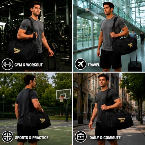 Reebok Lightweight Unisex Carry On Gym Duffle Bag for Men & Women, Sports - color: Hamilton Black With Gold Logo