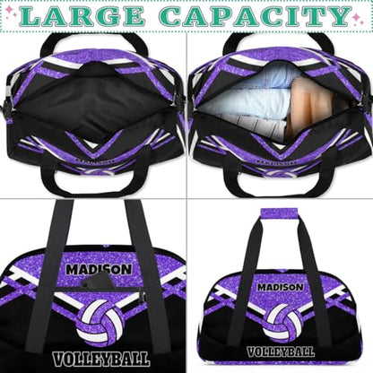 Custom Name Overnight Duffel Bag Volleyball Bag Purple Black Glitters | Personalized Sports Gym Bag Travel Weekender Bags - color: Purple Black