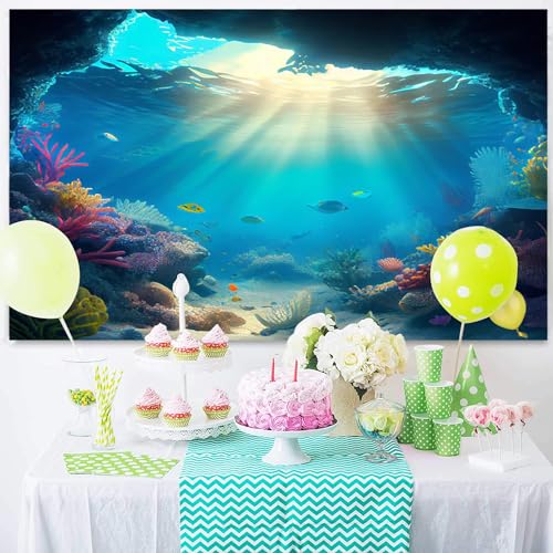 6x4ft Under The Sea Backdrop Underwater Blue Ocean Fish Coral Photography Background Kids Birthday Baby Shower Party Banner Cake Table Decorations Supplies Photo Booth Props - size: 6x4ft