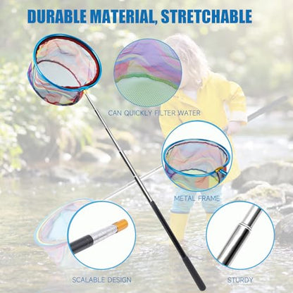 2 Packs Retractable Fishing Net Lightweight Landing Net for Youth Telescopic Fish Butterfly Catching Net for Outdoor Activities - color: Black+Blue