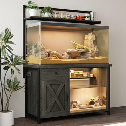 Reptile Tank Stand with Power Outlet, Terrarium Stand with Storage Cabinet, 49" X 20" Tabletop, Aquarium Stand with LED Lights, Reptile Terrarium,Turtle Tank (Gray) - color: Gray