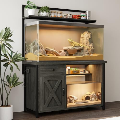 Reptile Tank Stand with Power Outlet, Terrarium Stand with Storage Cabinet, 49" X 20" Tabletop, Aquarium Stand with LED Lights, Reptile Terrarium,Turtle Tank (Gray) - color: Gray