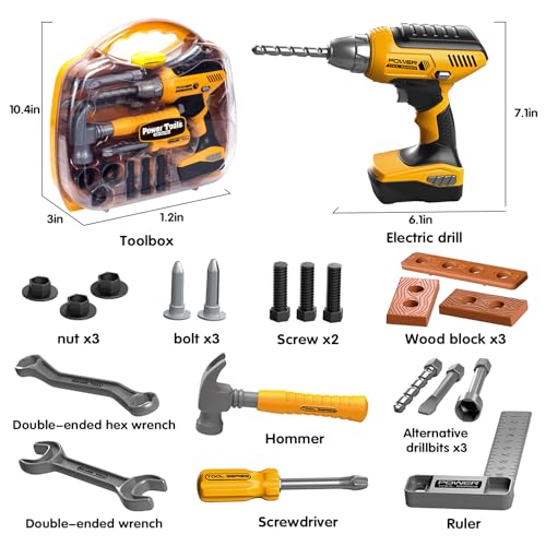 Kids Tool Set with Tool Box & Electronic Toy Drill, Pretend Play Kids Construction Kits, Toy Tools for Toddlers 3-5, Kids Tool Sets for Boys Ages 4-6