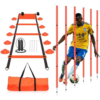 Soccer Agility Training Equipment, Includes 20ft Agility Ladder, 6 Adjustable Agility Poles, 10 Disc Cones, Jump Rope-Speed Training Set for Soccer Football Basketball Athletes