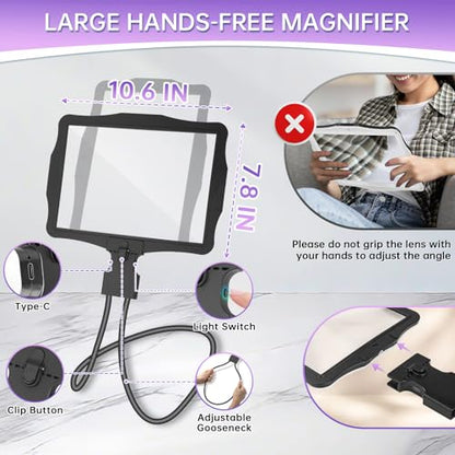 Large 10X Rechargeable Magnifying Glass for Reading with Light Hands Free Magnifying Glass Neck Wear Magnifier with 50 Led Lights Full Book Page Magnifier for Seniors Low Vision Elderly - color: Black