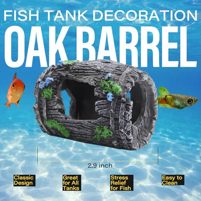 Round Oak Barrel Aquarium Decoration 2.9" – Resin Fish Tank Ornament with Swim-Through Openings, Safe Shelter for Small Aquariums, Stress-Relief Underwater Decor, Easy to Clean