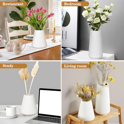 White Ceramic Vase, GUKJOB Small Cute Flower Vase for Pampas Grass, Home, Living Room, Dining Table, Farmhouse, Office Decor, Bedroom, Table, and Kitchen Shelf (White- 2PCS)