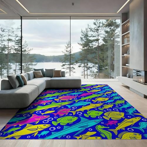 9'x12' Washable Graphic Fish Oversized Rug, Blue Non-Shedding Pet Friendly Carpet Foldable Easy Care Mat for Master Suite, California King, Under Bed | Ref:1885990