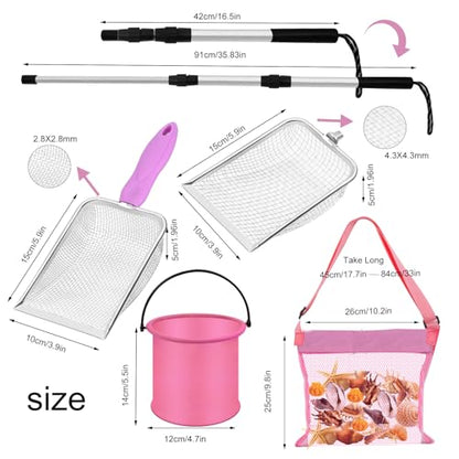 4pcs Shelling Scooper Tools for Beach, Adjustable Shark Tooth Sand Sifter with Mesh Shell Collecting Bag Foldable Beach Bucket Beach Scoop Shovel Toys for Adults Kids Picking Seashell Rock Hunting(P) - color: Pink