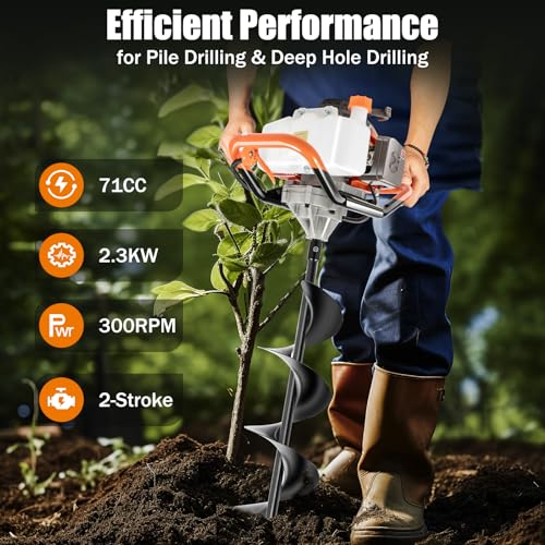 Dyrabrest 71CC Petrol Earth Auger Post Hole Digger Auger with 3 Drills （Ground Drill 4"/ 6"/ 8" Bits ）+ Extension Bar 12"