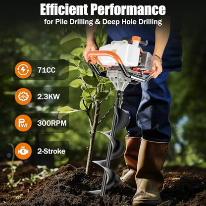 Dyrabrest 71CC Petrol Earth Auger Post Hole Digger Auger with 3 Drills （Ground Drill 4"/ 6"/ 8" Bits ）+ Extension Bar 12"