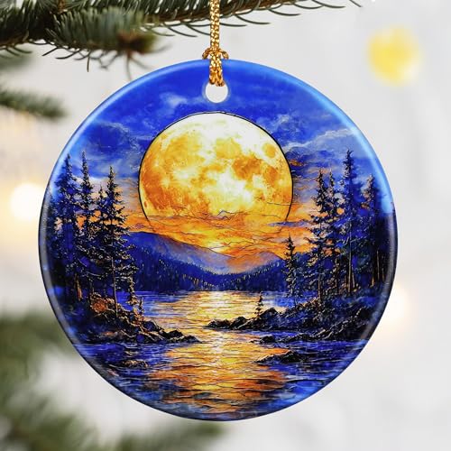 Christmas Ornaments, Dodosky 2.8in Ceramic Ornament, Xmas Decor, Christmas Tree Ornaments, Xmas Decorations for Tree, Holiday Ornament, Gift Ideas, Gifts for Women Men - Full Moon Over Forest Lake - color: Full Moon C