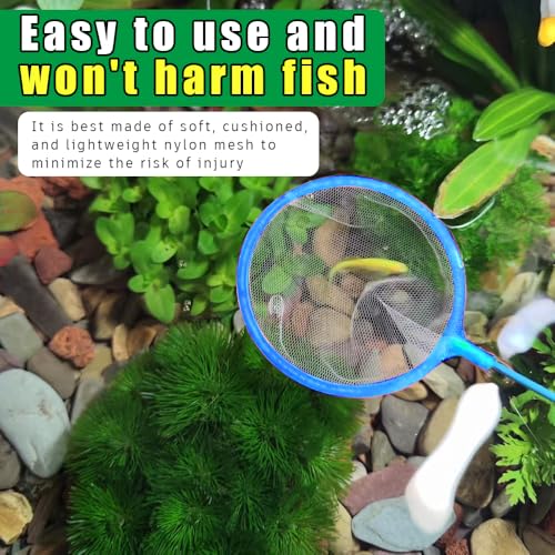 Aquarium Fish Net, Round Small Fish Net for Tank Cleaning, Blue Flexible Nylon Material, 10-Pack (25cm Length / 10cm Width) for Catching Fish, Debris, and Brine Shrimp