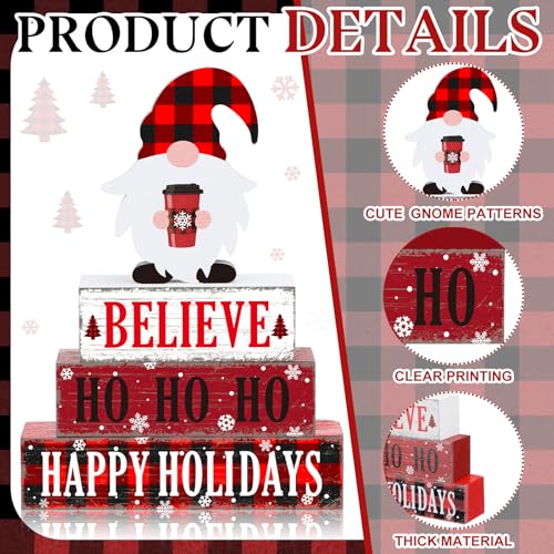 4 Pcs Christmas Wooden Table Decorations Xmas Red and White Buffalo Plaid Signs Rustic Happy Holiday Tiered Tray Decor Xmas Gnome Tabletop Centerpieces for Home Desk Room Kitchen Shelf - style: Gnomes